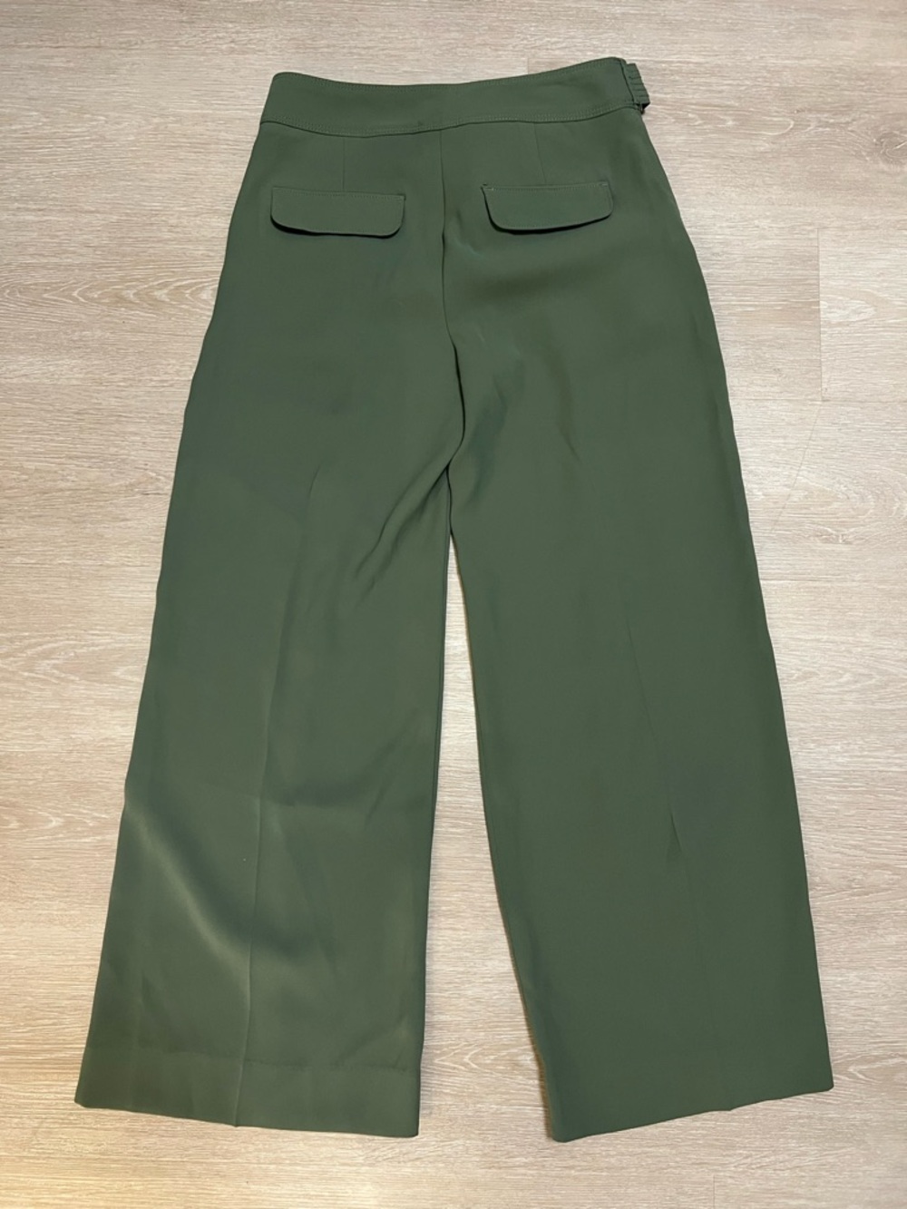 Olive Green Belted Wide Leg Trousers High Waist Tailored Minimalist Chic - Picture 2 of 8